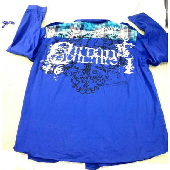 Tool Jeans Mens 4XL Blue Plaid Patchwork Long Sleeve Shirt With Graffiti Print - Picture 3 of 12